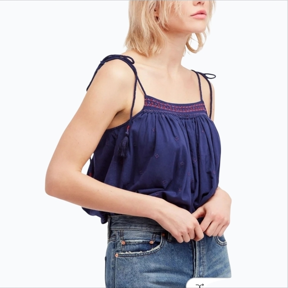NWT Free People Hippy Navy Camisole Top With Red Embroidery Size XS